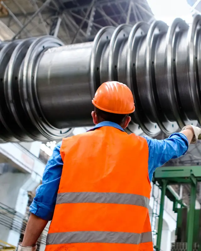Engineer in a hard hat and high-visibility vest directing work beside a large turbine shaft