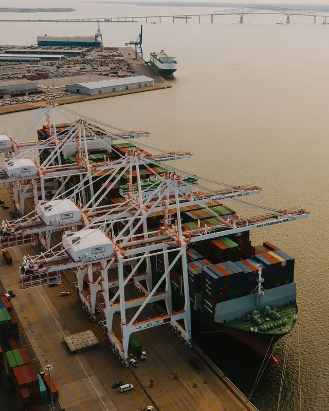 Gantry cranes working a container ship at a terminal