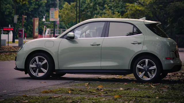 Sage green electric compact crossover side-on beside a park