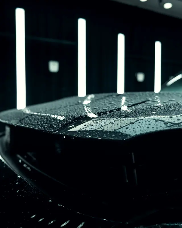 Tight water beads on a freshly coated dark bonnet under vertical LED light bars