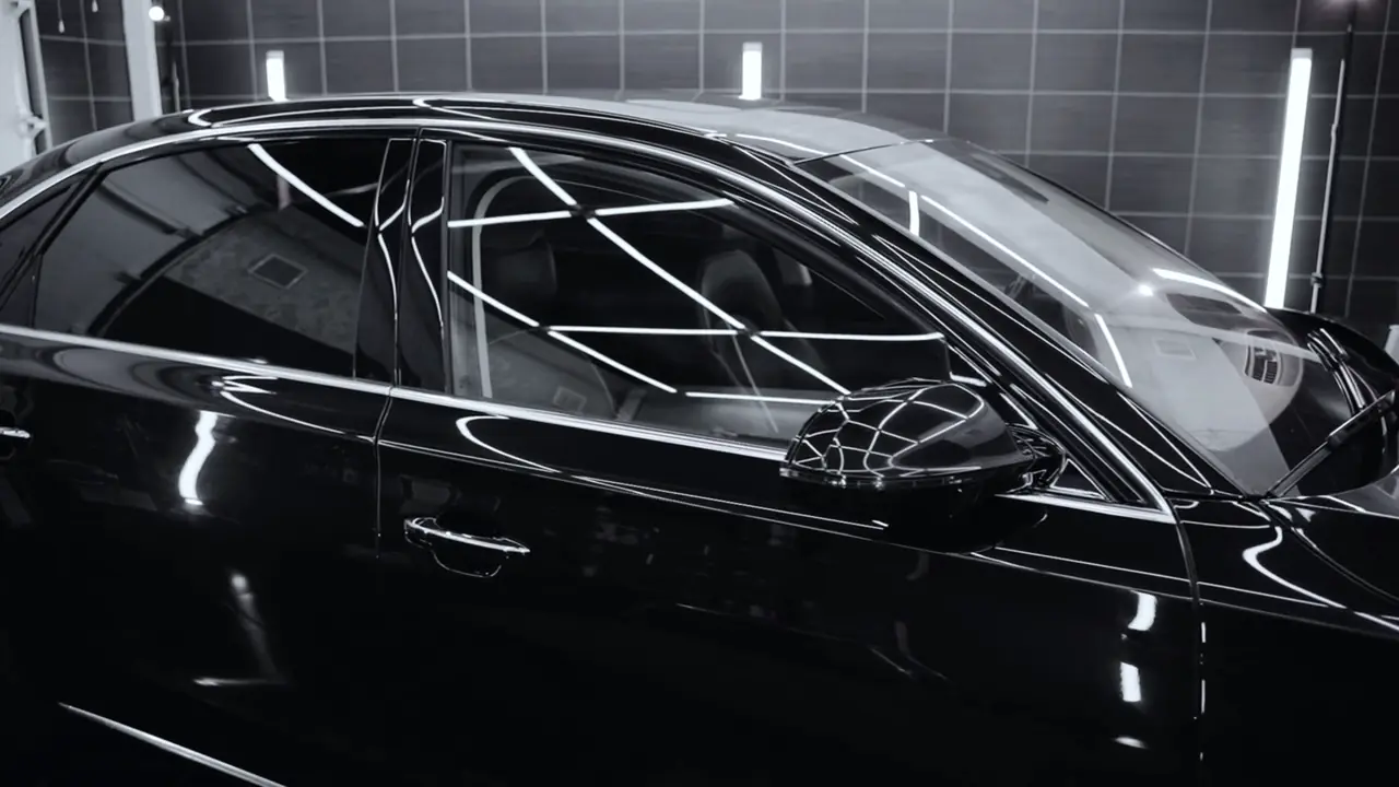 The side of a black saloon in a dark tiled studio, the studio's light bars reflected sharp and unbroken in the corrected paint and glass