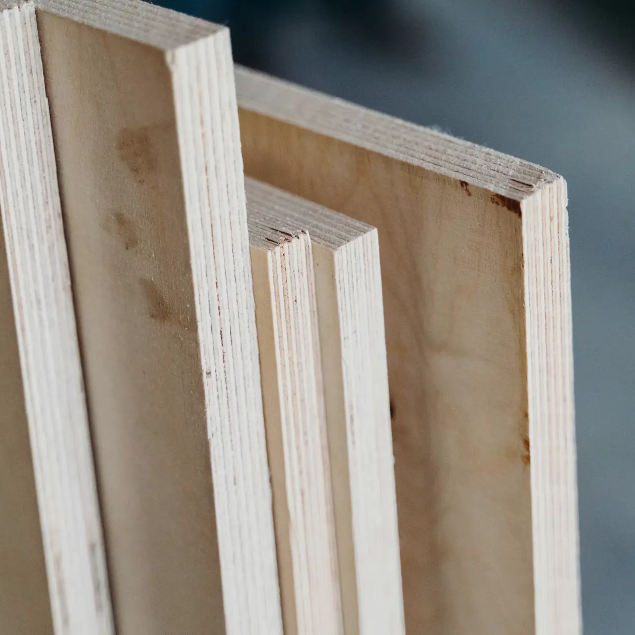 Close view of plywood edges, their layers cross-banded in pale and darker wood