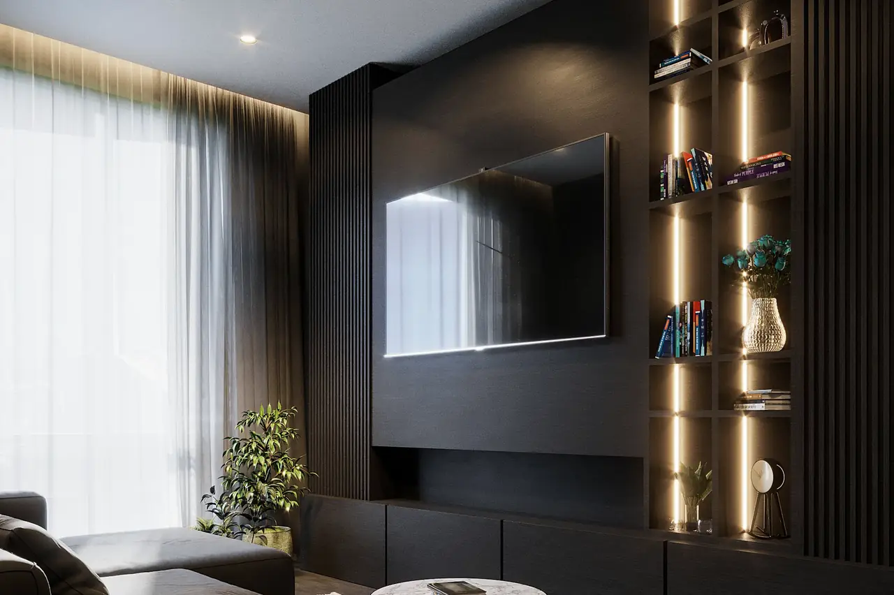 Dark living room wall with a long low TV console, slatted panels and lit open shelves