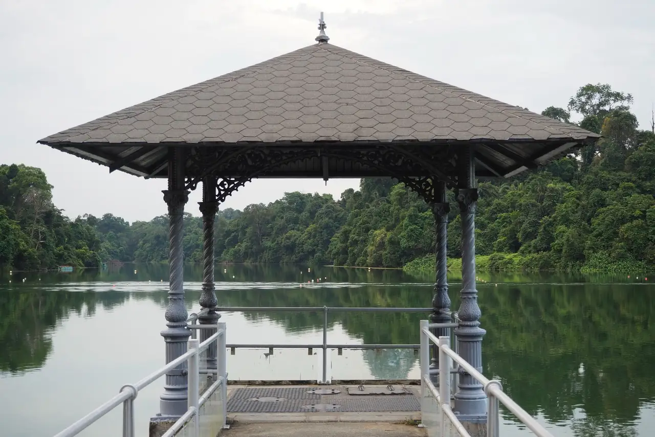 The pier and pavilion at MacRitchie Reservoir, with rainforest across the still water