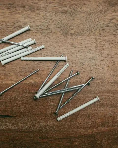 Screws and nylon wall plugs on a wooden board
