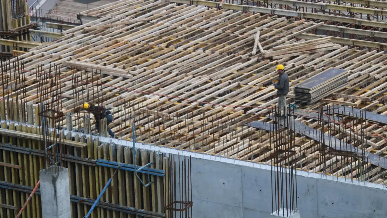 A concrete slab with its reinforcement steel tied and waiting for the pour, seen from above