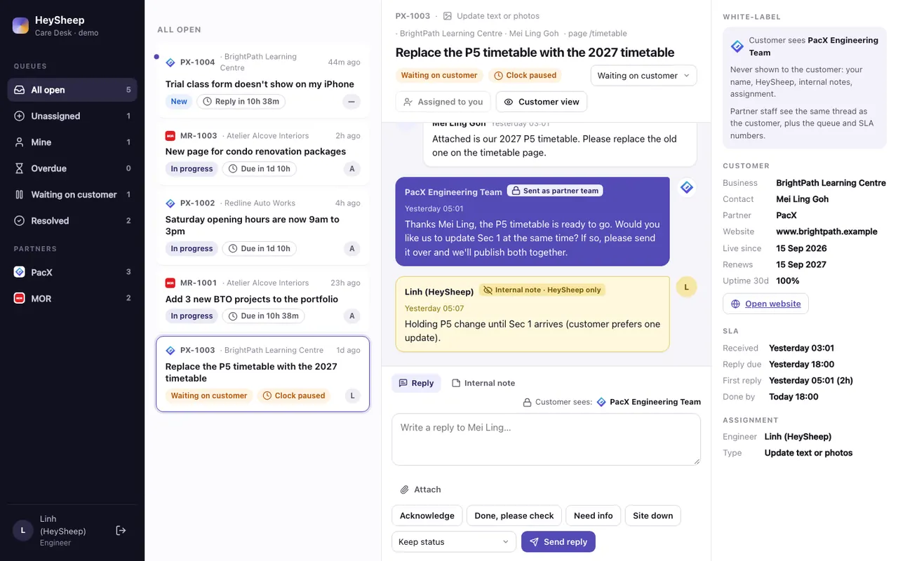 HeySheep Care Desk: the same request with an internal note, SLA clock and customer details