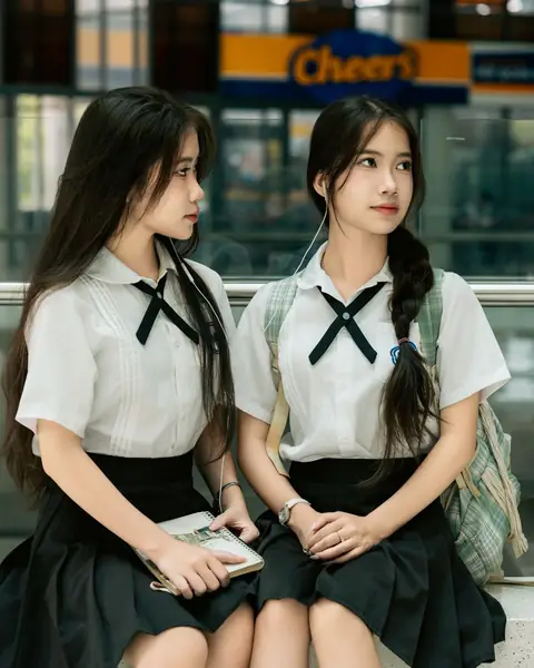 Two upper secondary students in school uniform sitting together after class