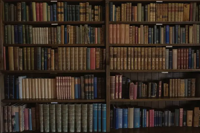 Floor-to-ceiling wooden shelves of old cloth-bound books